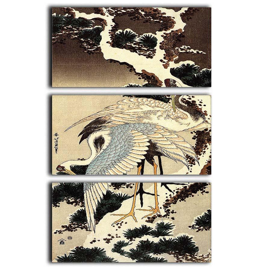 Two cranes on a pine covered with snow by Hokusai 3 Split Panel Canvas Print - Canvas Art Rocks - 1