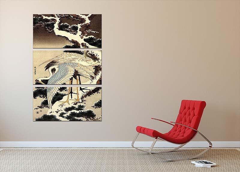 Two cranes on a pine covered with snow by Hokusai 3 Split Panel Canvas Print - Canvas Art Rocks - 2