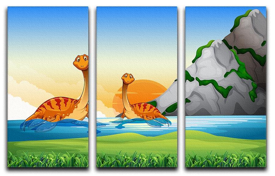 Two dinosaurs in the lake 3 Split Panel Canvas Print - Canvas Art Rocks - 1