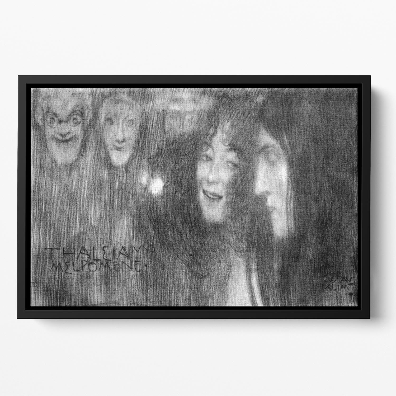 Two girls heads in profile and masks Thalia and Melpomene by Klimt Floating Framed Canvas