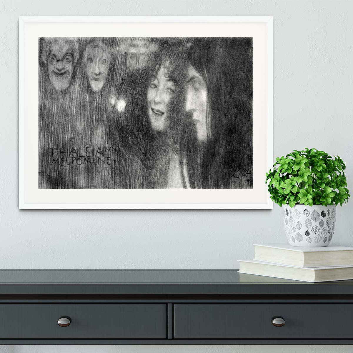 Two girls heads in profile and masks Thalia and Melpomene by Klimt Framed Print - Canvas Art Rocks - 5