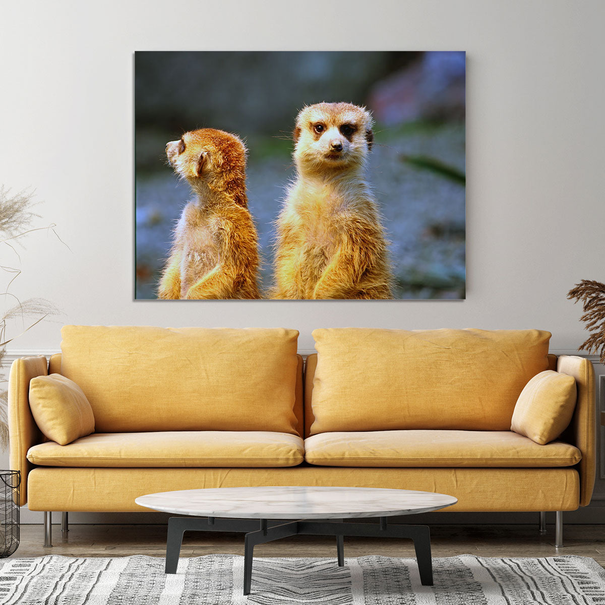Two meerkats watching over their family in zoo Canvas Print or Poster - Canvas Art Rocks - 4