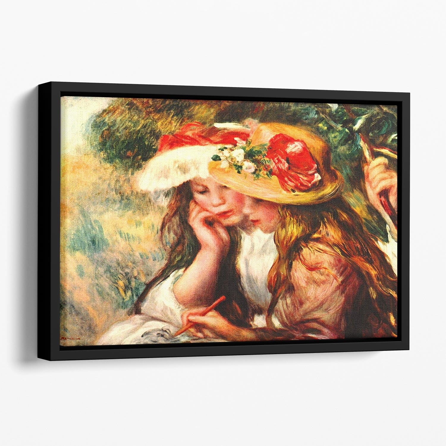 Two reading girls in a garden by Renoir Floating Framed Canvas