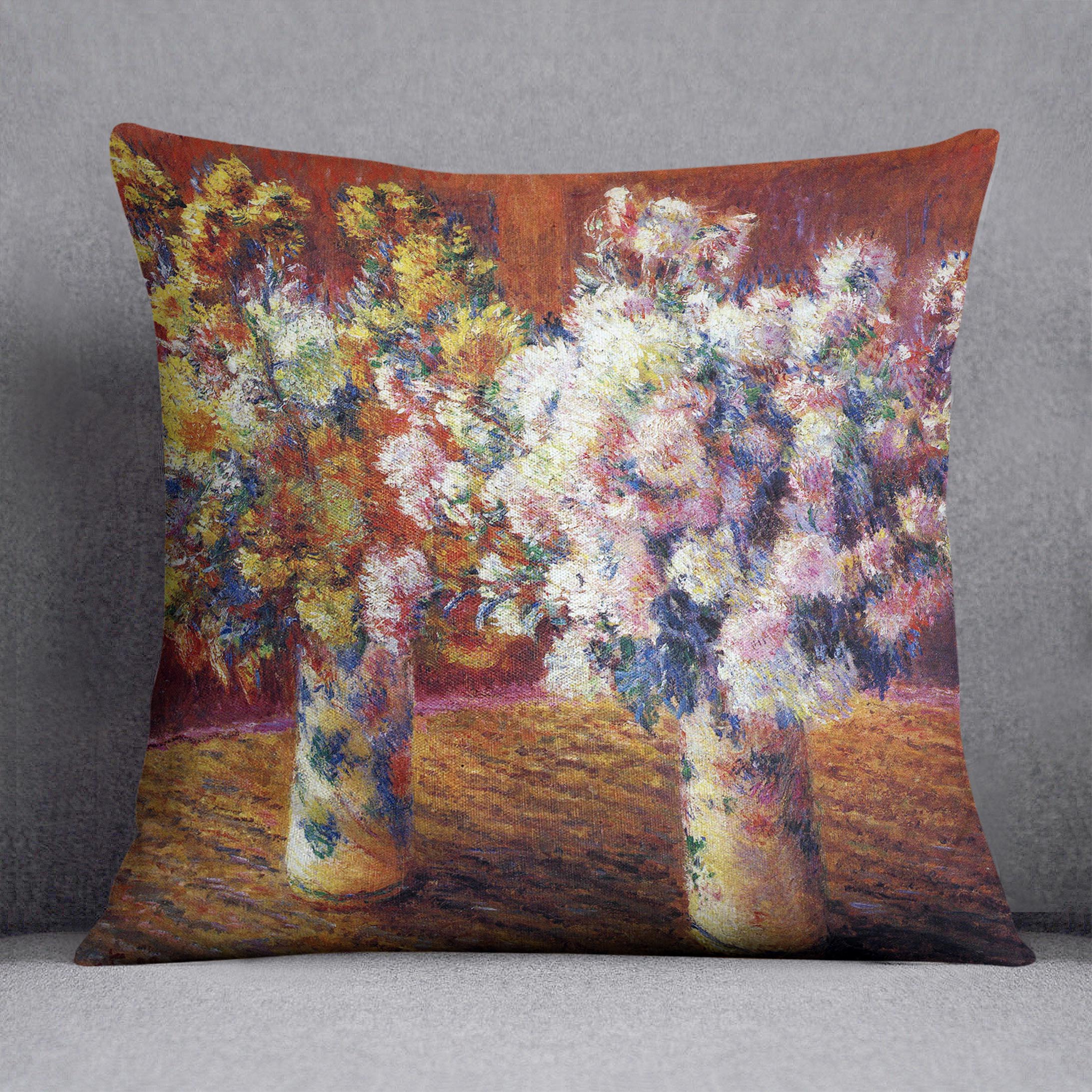 Two vases with Chrysanthemums by Monet Cushion