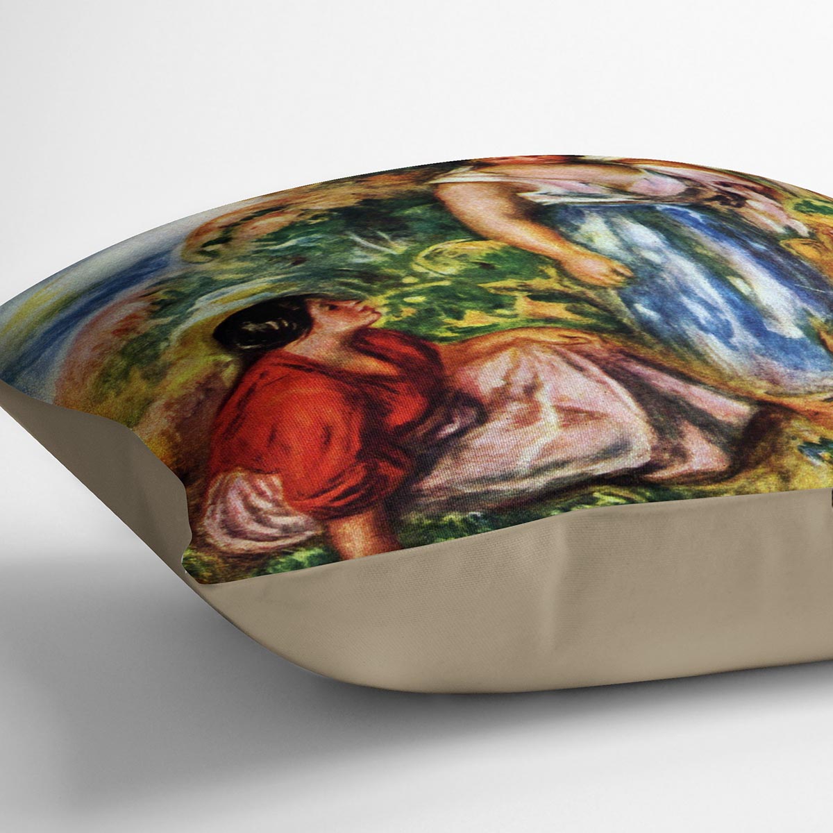 Two women with young girls in a landscape by Renoir Cushion