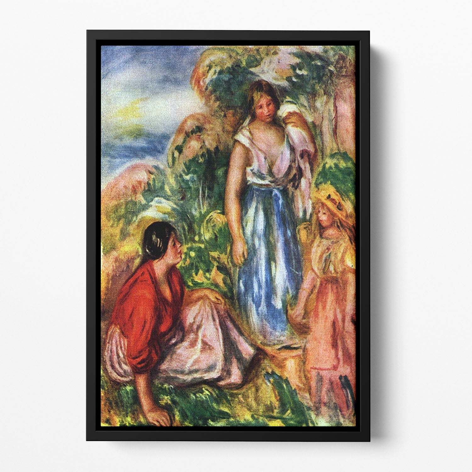 Two women with young girls in a landscape by Renoir Floating Framed Canvas