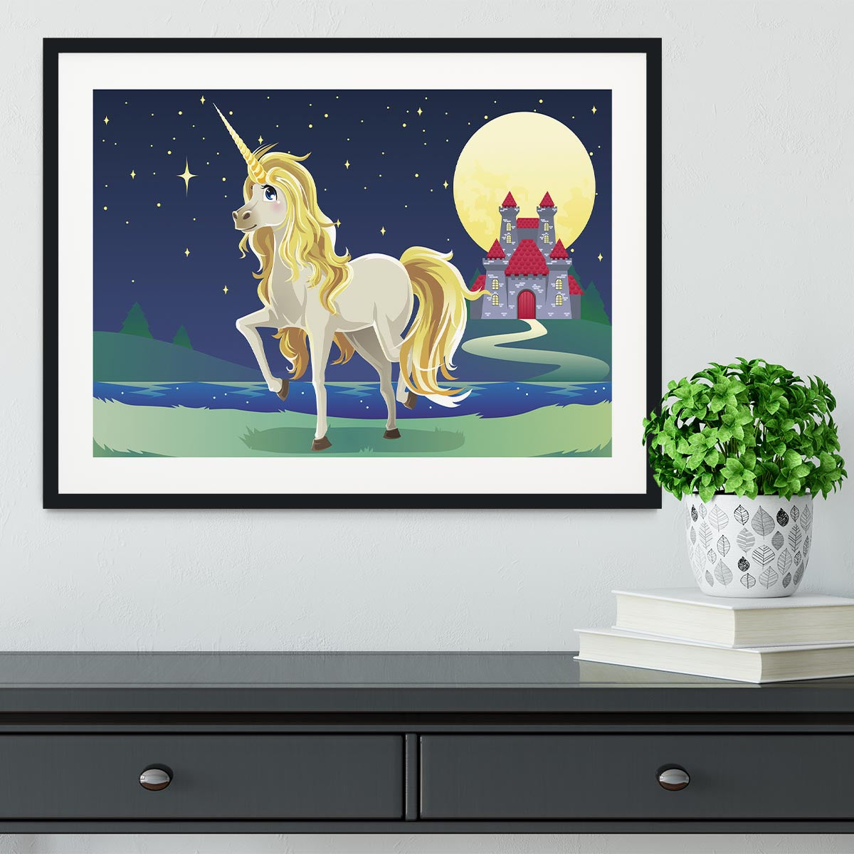 Unicorn outside of a castle Framed Print - Canvas Art Rocks - 1