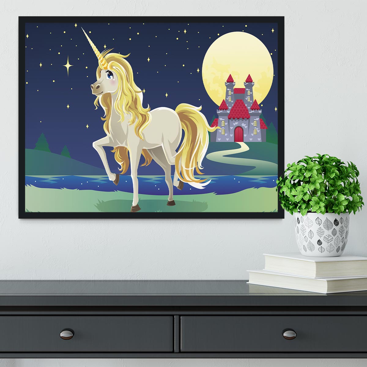 Unicorn outside of a castle Framed Print - Canvas Art Rocks - 2