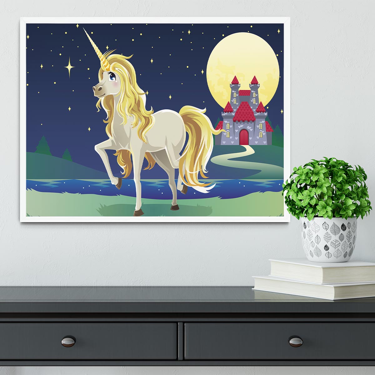 Unicorn outside of a castle Framed Print - Canvas Art Rocks -6