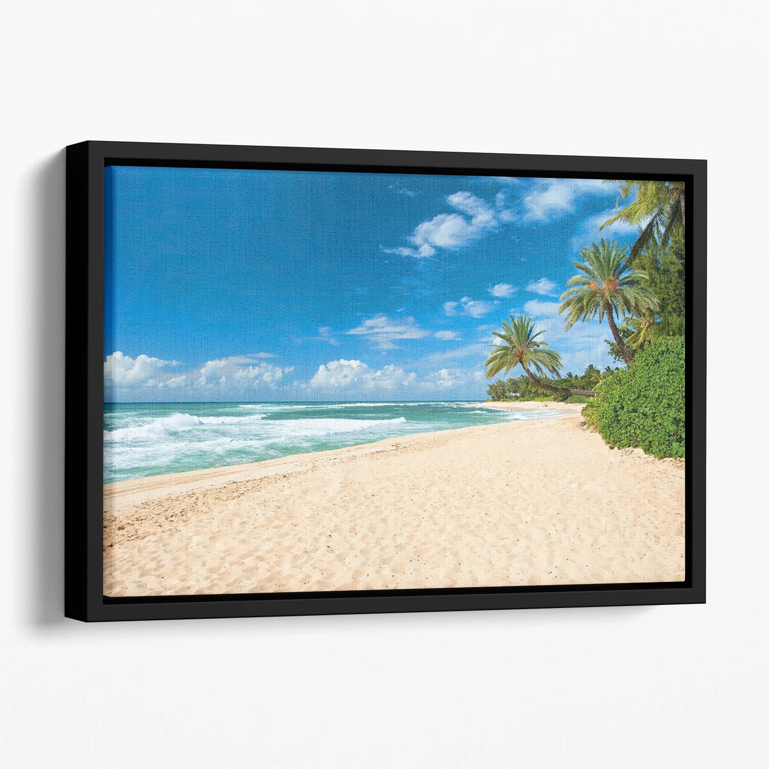 Untouched sandy beach with palms trees Floating Framed Canvas