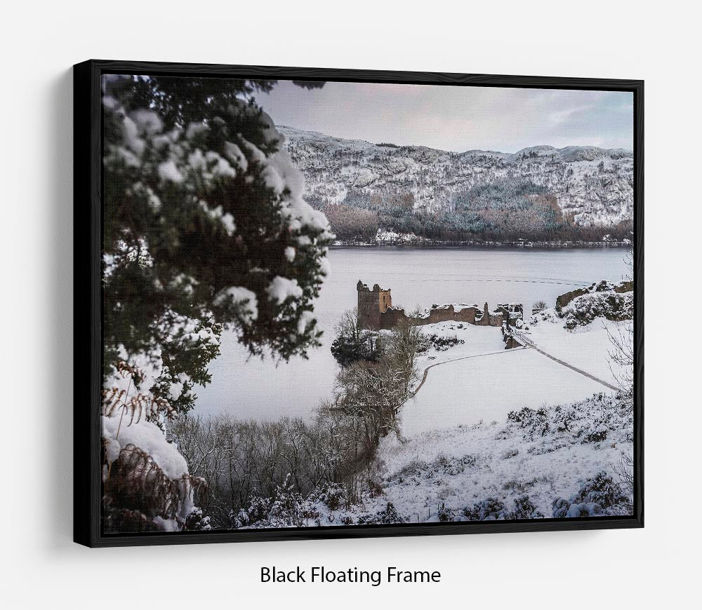Urquhart Castle in the snow Floating Frame Canvas - Canvas Art Rocks - 1