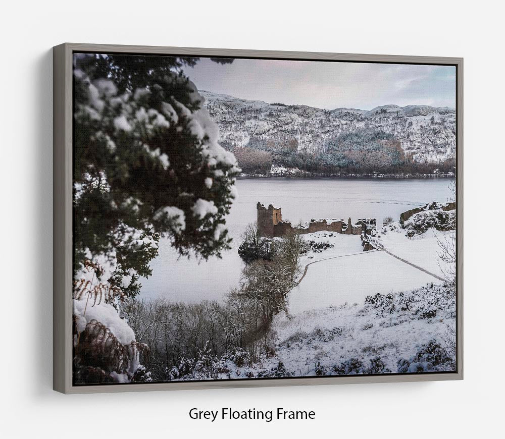 Urquhart Castle in the snow Floating Frame Canvas - Canvas Art Rocks - 3