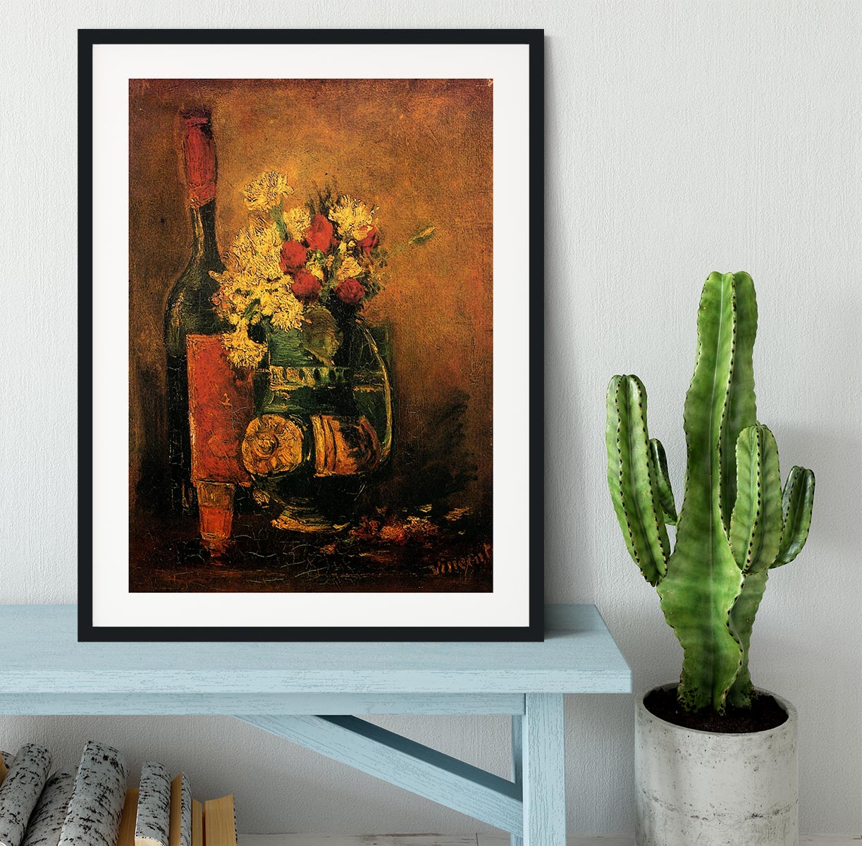 Vase with Carnations and Roses and a Bottle by Van Gogh Framed Print - Canvas Art Rocks - 1