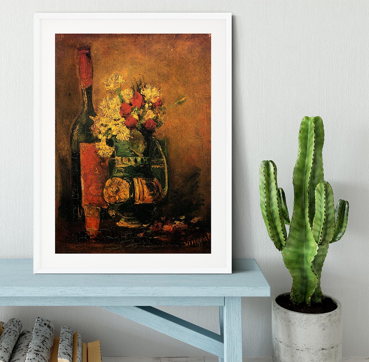 Vase with Carnations and Roses and a Bottle by Van Gogh Framed Print - Canvas Art Rocks - 5