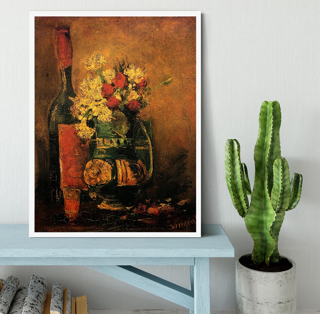 Vase with Carnations and Roses and a Bottle by Van Gogh Framed Print - Canvas Art Rocks -6