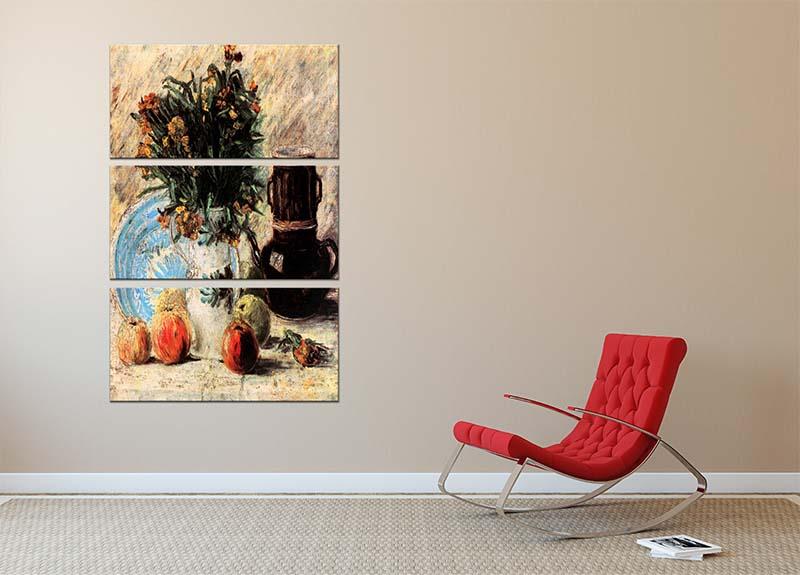 Vase with Flowers Coffeepot and Fruit by Van Gogh 3 Split Panel Canvas Print - Canvas Art Rocks - 2