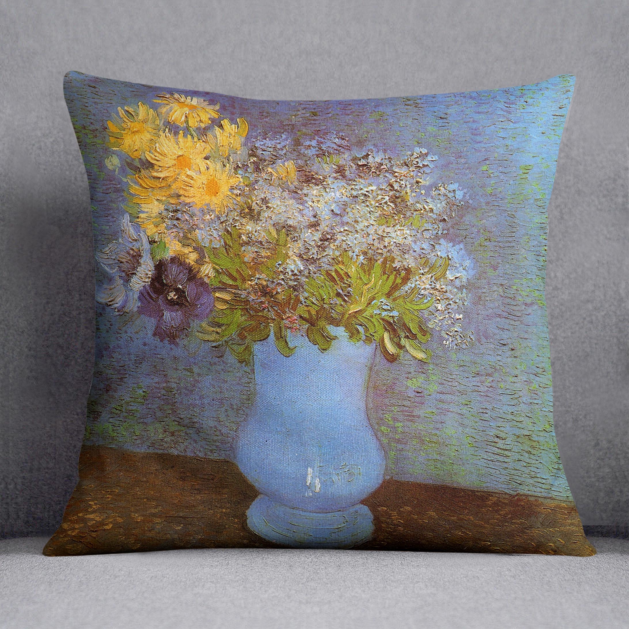 Vase with Lilacs Daisies and Anemones by Van Gogh Cushion