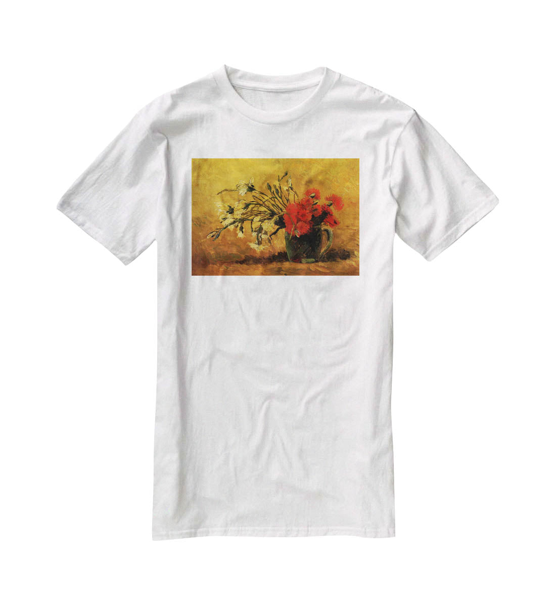 Vase with Red and White Carnations on Yellow Background by Van Gogh T-Shirt - Canvas Art Rocks - 5