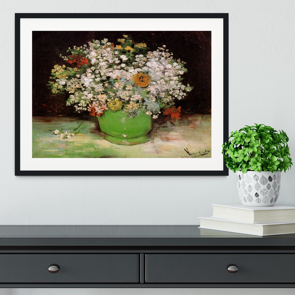 Vase with Zinnias and Other Flowers by Van Gogh Framed Print - Canvas Art Rocks - 1