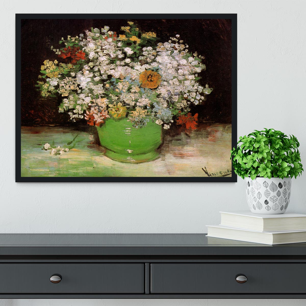 Vase with Zinnias and Other Flowers by Van Gogh Framed Print - Canvas Art Rocks - 2