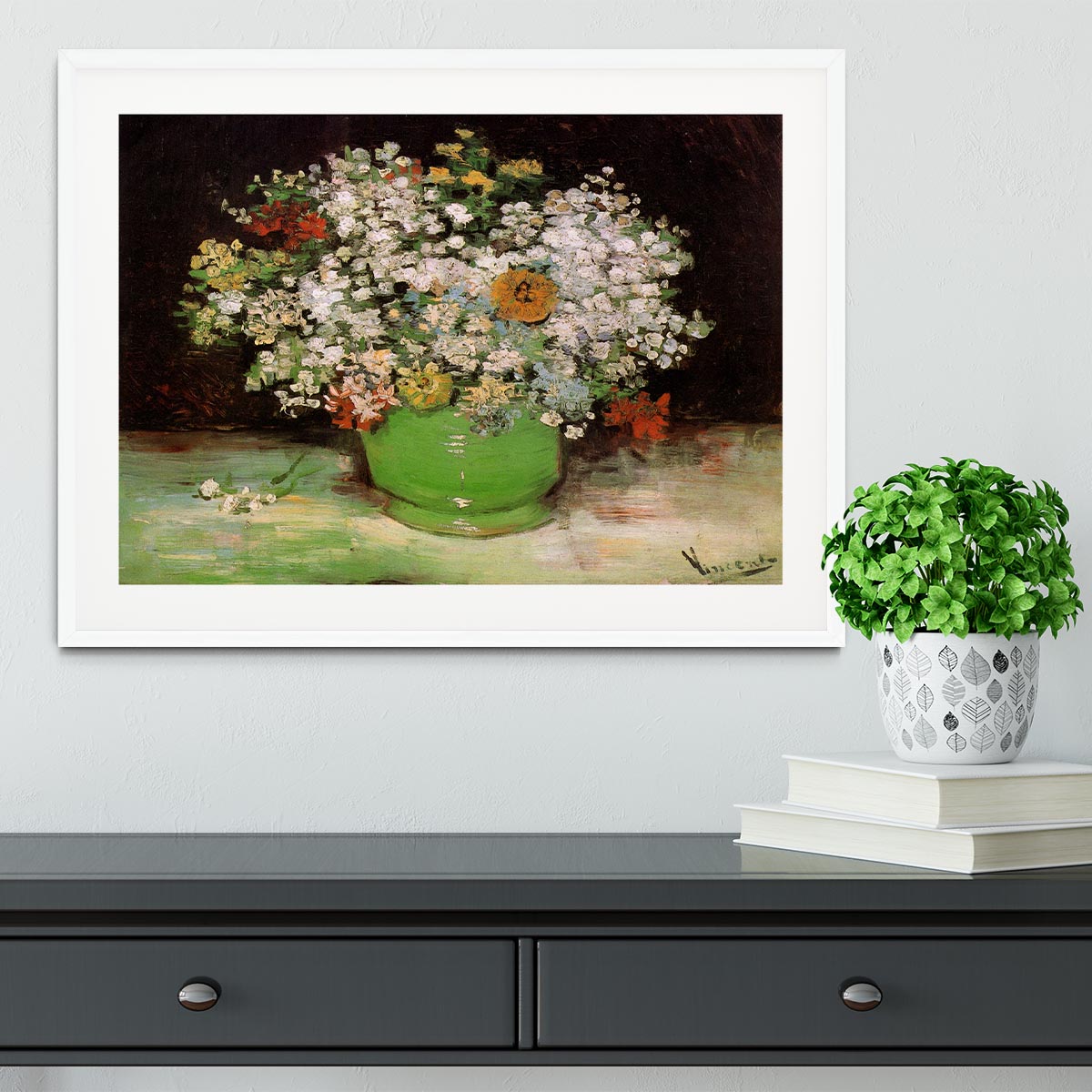 Vase with Zinnias and Other Flowers by Van Gogh Framed Print - Canvas Art Rocks - 5