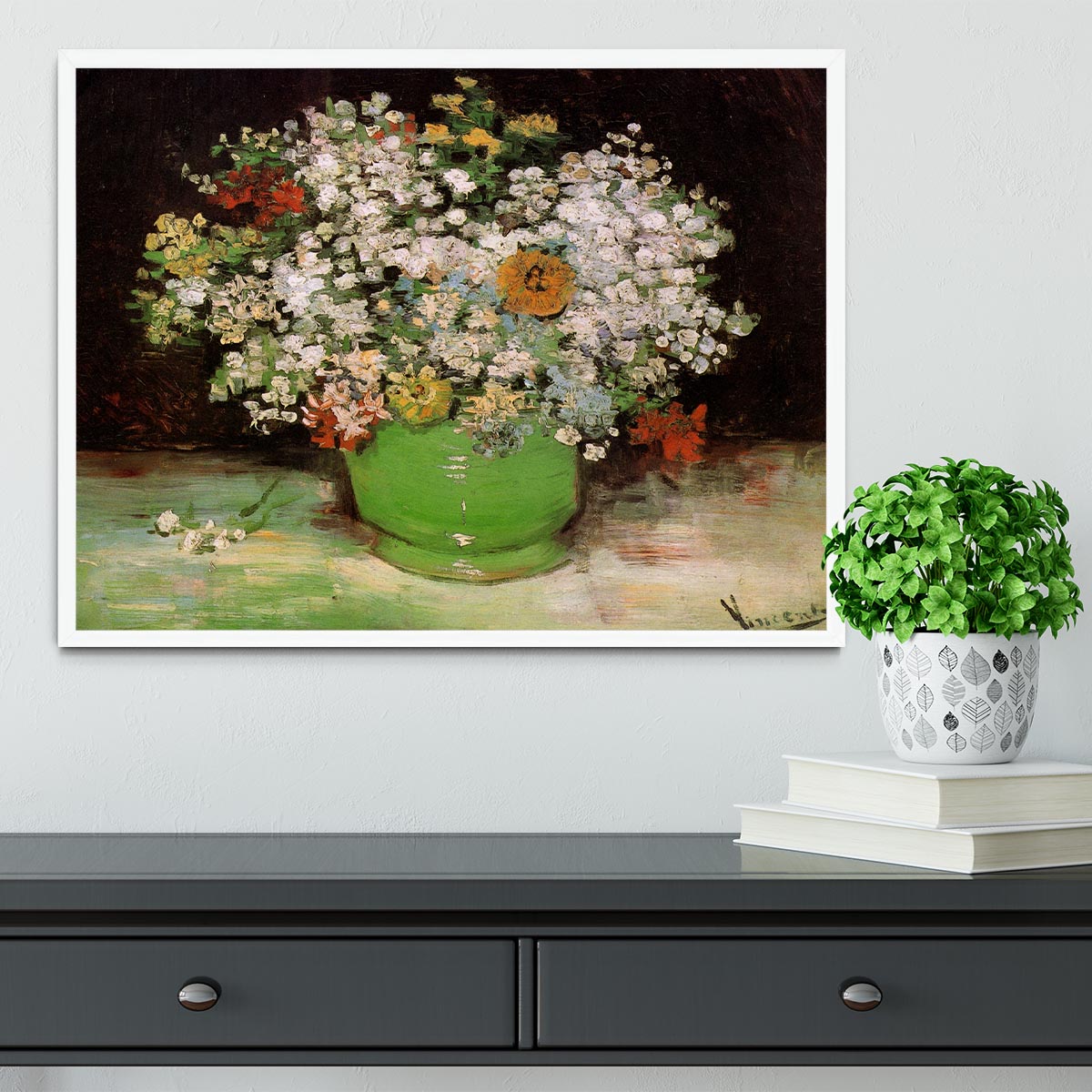Vase with Zinnias and Other Flowers by Van Gogh Framed Print - Canvas Art Rocks -6