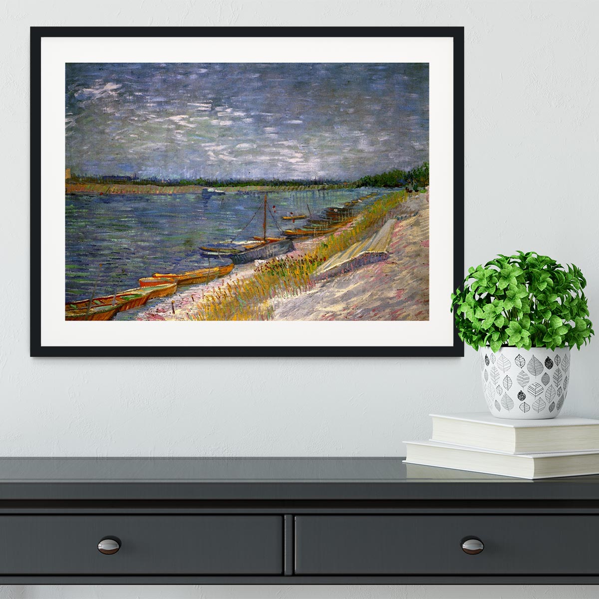 View of a River with Rowing Boats by Van Gogh Framed Print - Canvas Art Rocks - 1