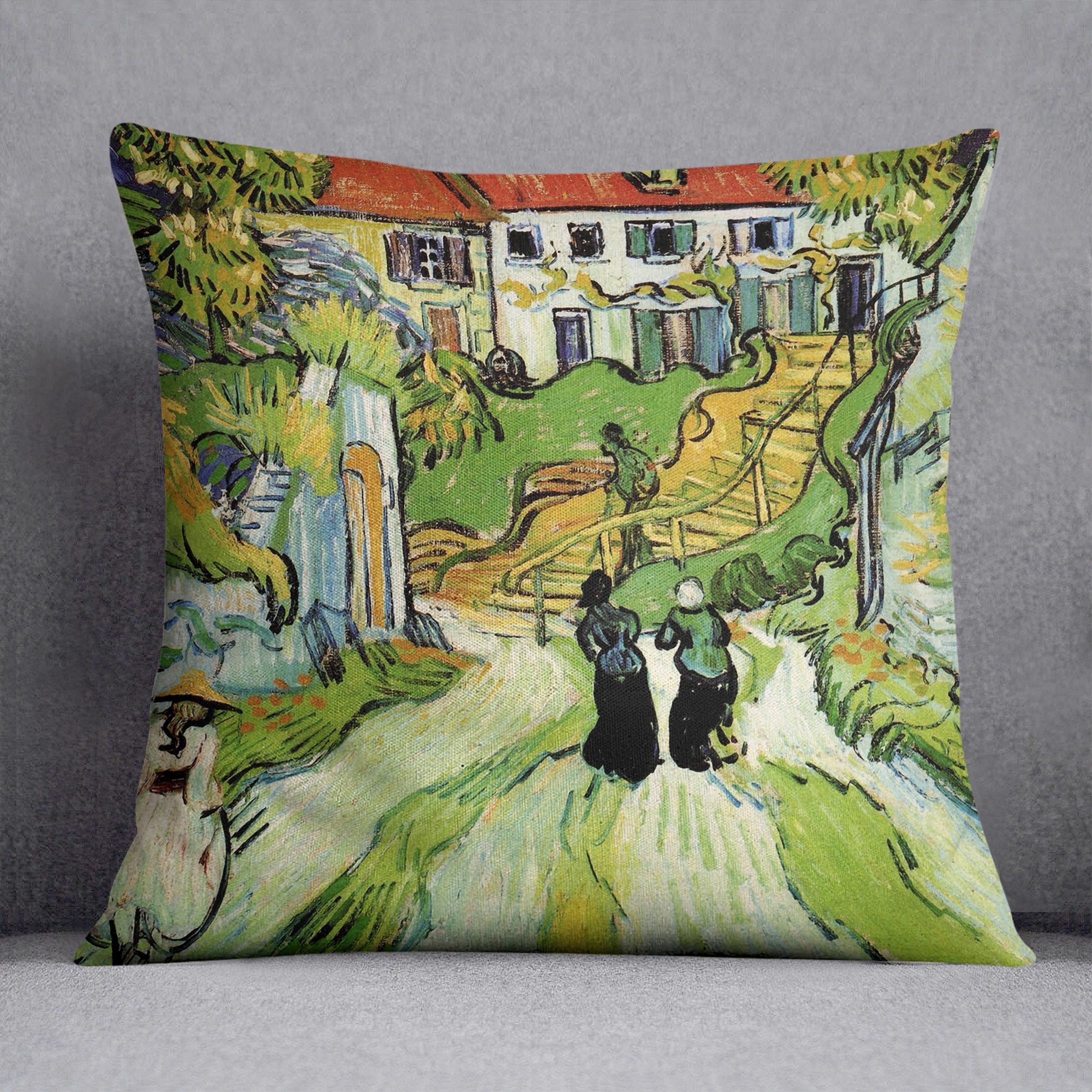 Village Street and Steps in Auvers with Figures by Van Gogh Cushion