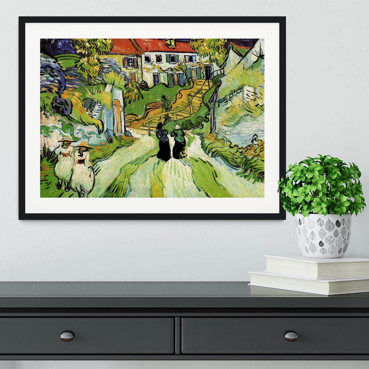 Village Street and Steps in Auvers with Figures by Van Gogh Framed Print - Canvas Art Rocks - 1