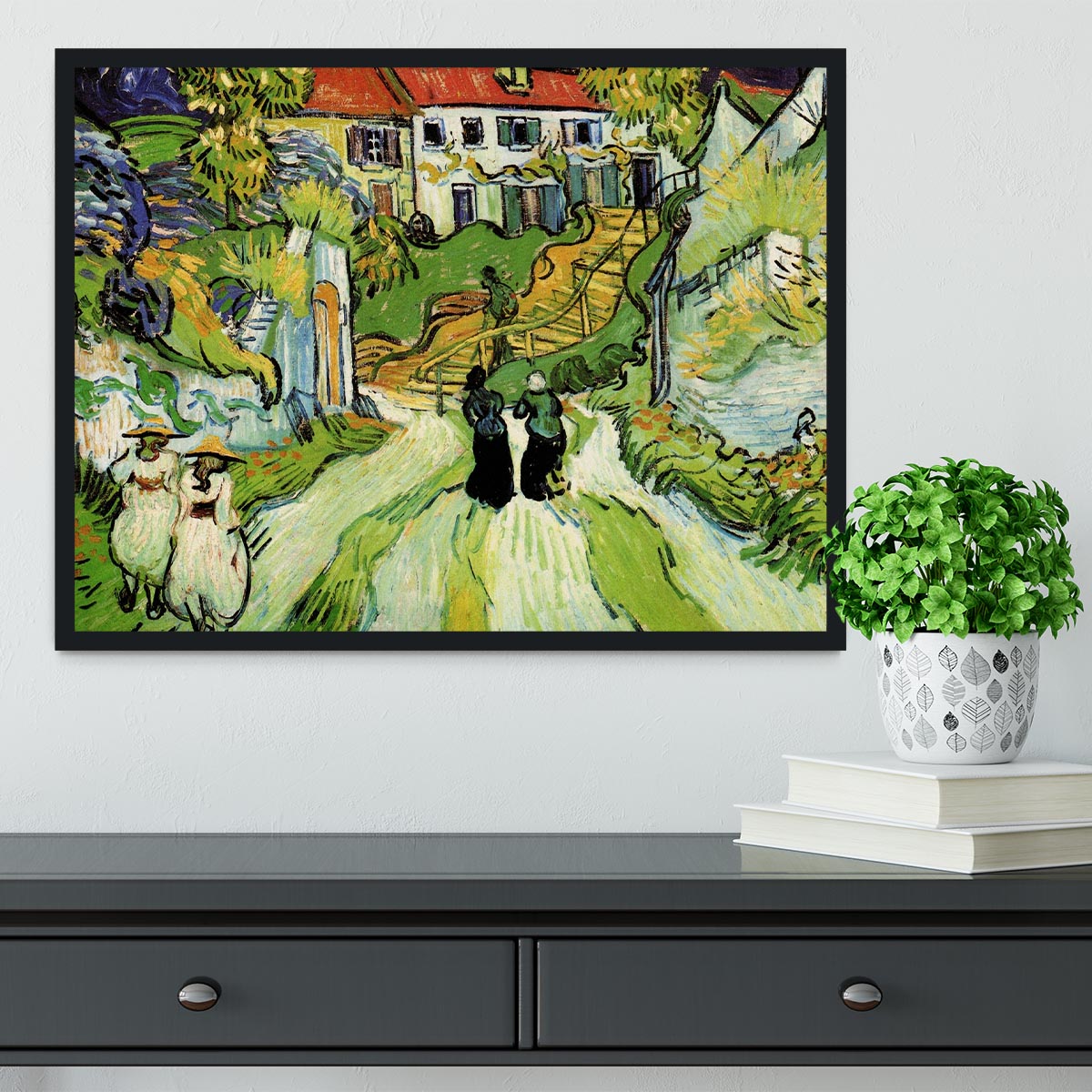 Village Street and Steps in Auvers with Figures by Van Gogh Framed Print - Canvas Art Rocks - 2