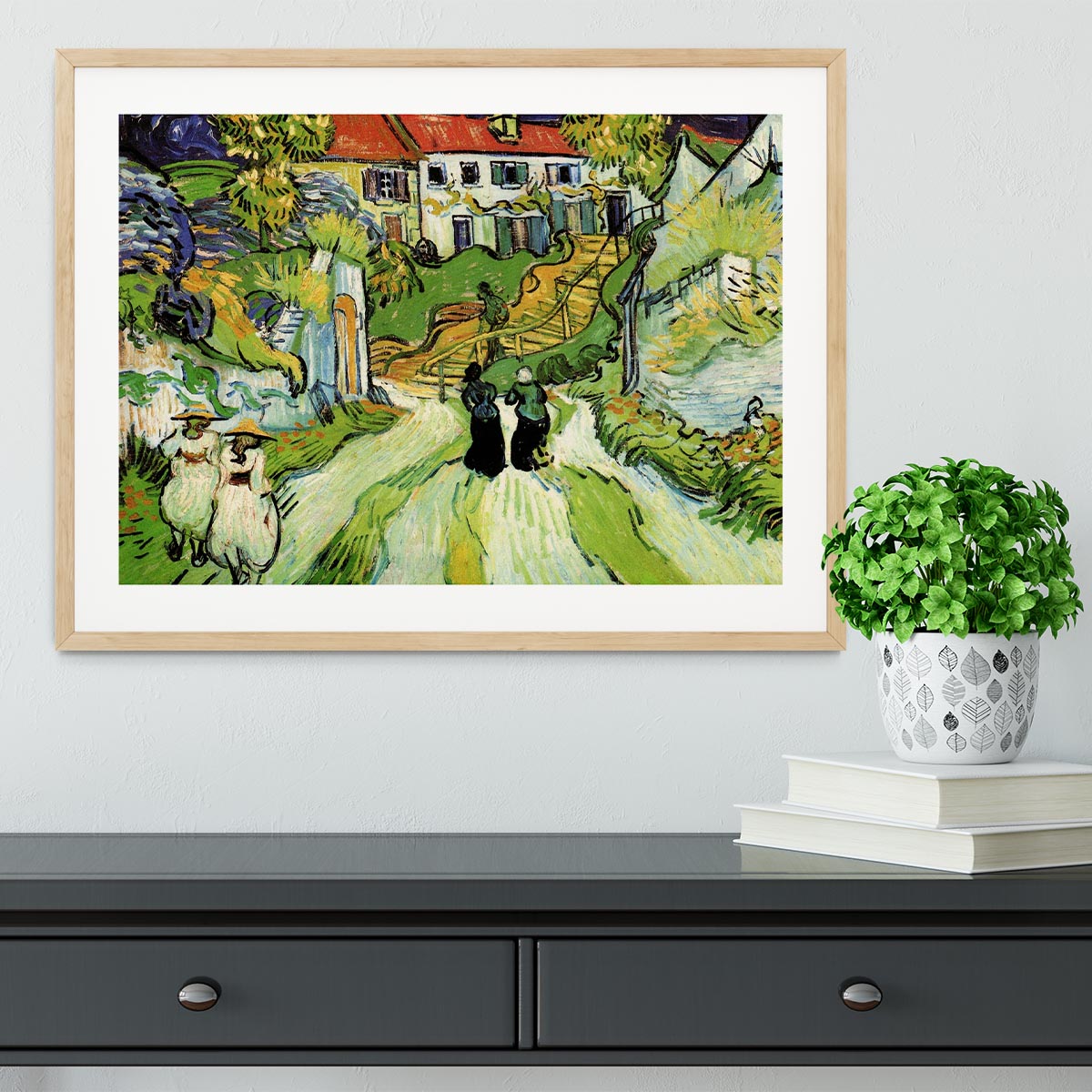 Village Street and Steps in Auvers with Figures by Van Gogh Framed Print - Canvas Art Rocks - 3