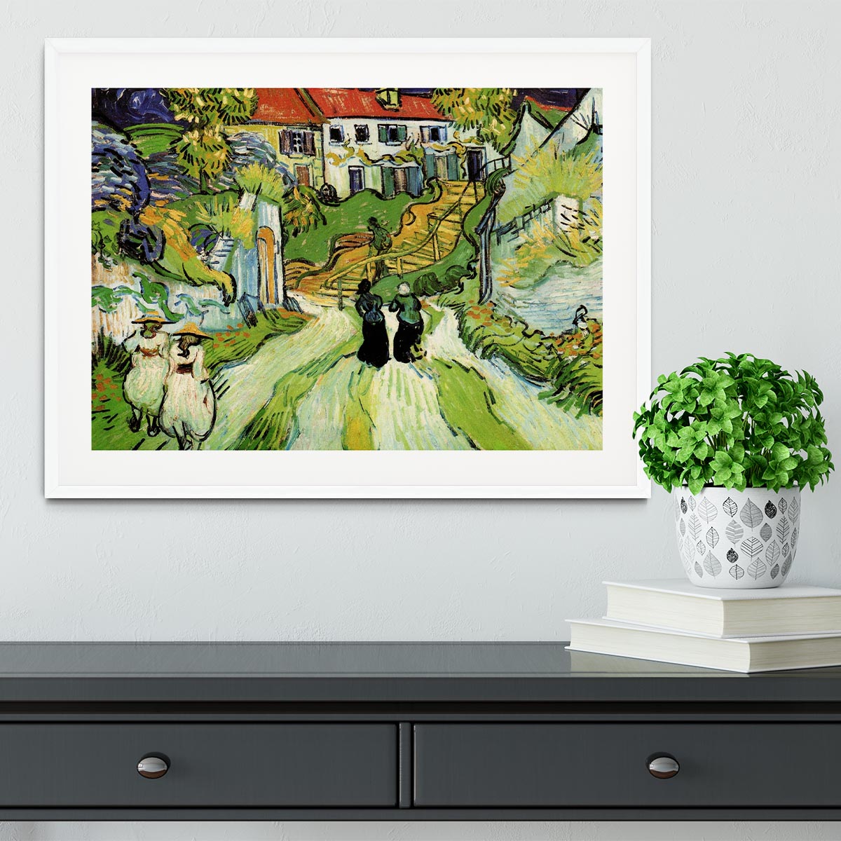 Village Street and Steps in Auvers with Figures by Van Gogh Framed Print - Canvas Art Rocks - 5