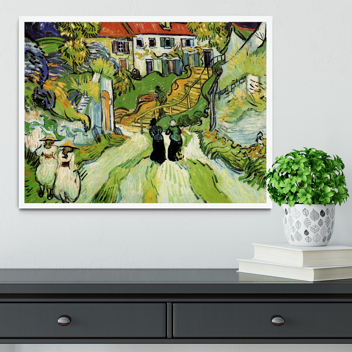 Village Street and Steps in Auvers with Figures by Van Gogh Framed Print - Canvas Art Rocks -6