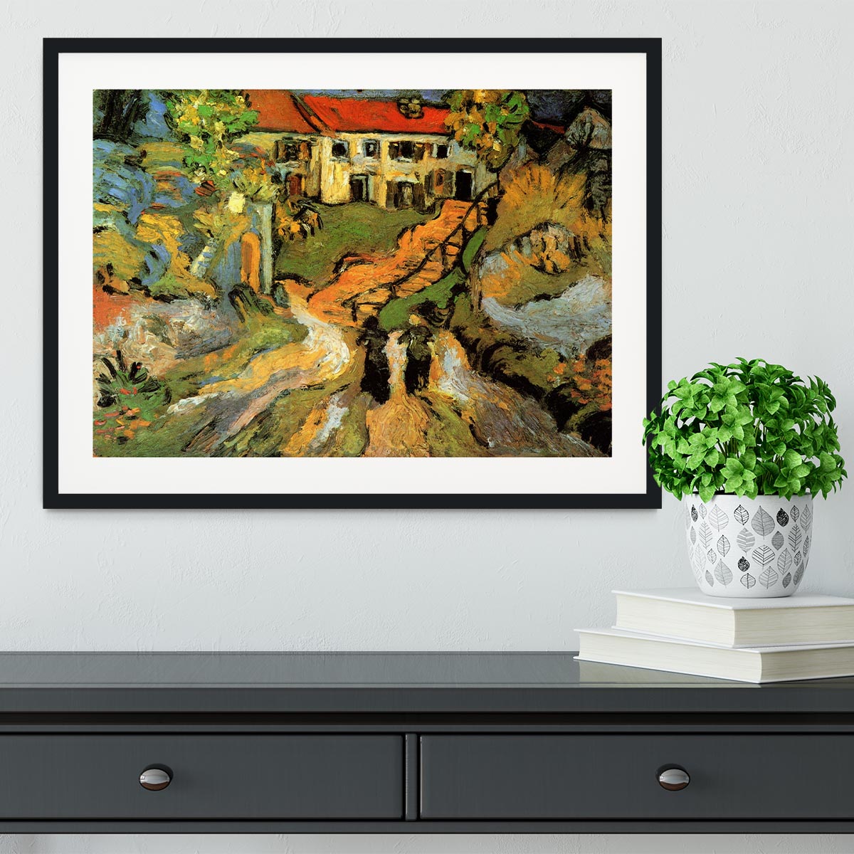 Village Street and Steps in Auvers with Two Figures by Van Gogh Framed Print - Canvas Art Rocks - 1