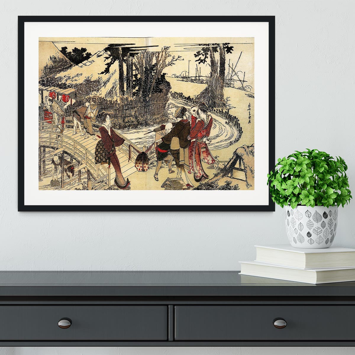 Village near a bridge by Hokusai Framed Print - Canvas Art Rocks - 1