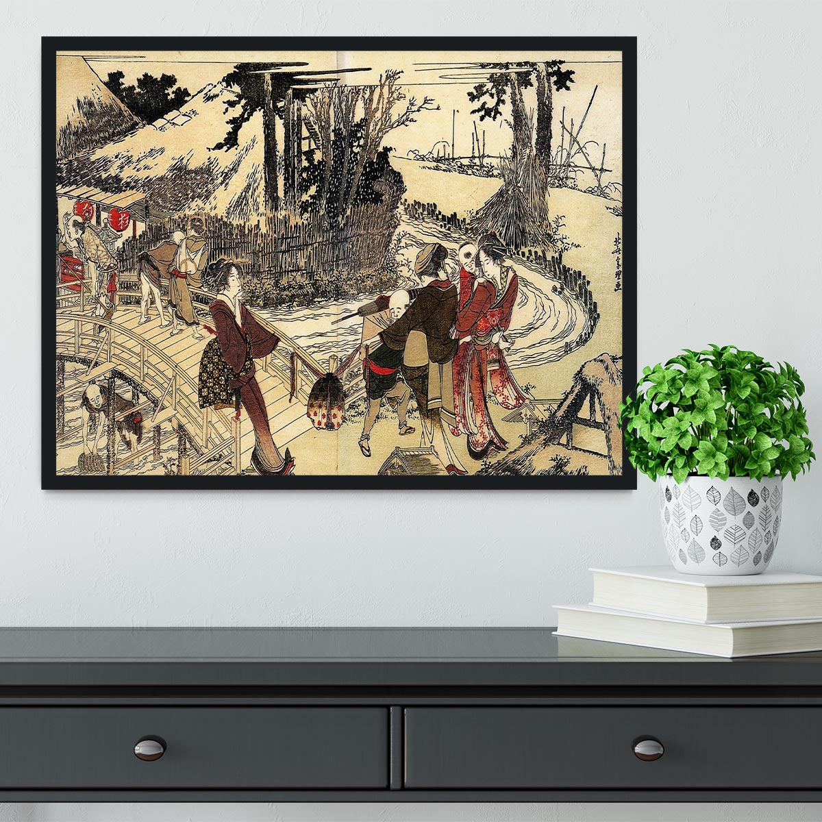 Village near a bridge by Hokusai Framed Print - Canvas Art Rocks - 2