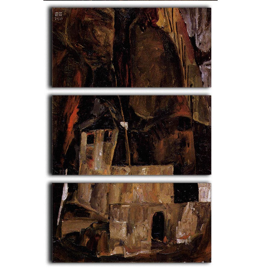 Wall and house and terrain with fence by Egon Schiele 3 Split Panel Canvas Print - Canvas Art Rocks - 1