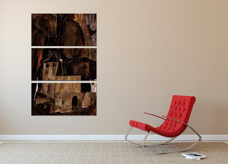 Wall and house and terrain with fence by Egon Schiele 3 Split Panel Canvas Print - Canvas Art Rocks - 2