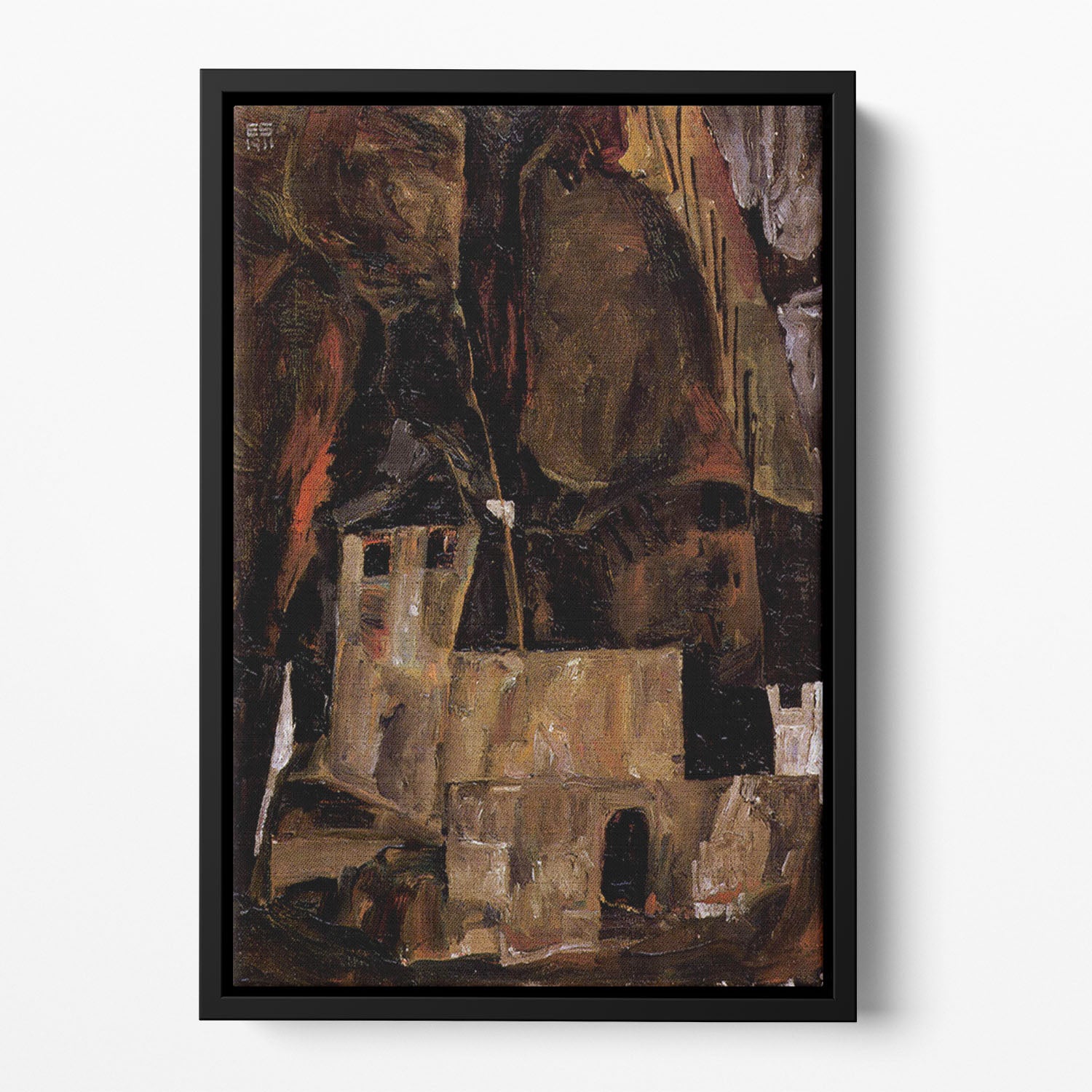 Wall and house and terrain with fence by Egon Schiele Floating Framed Canvas