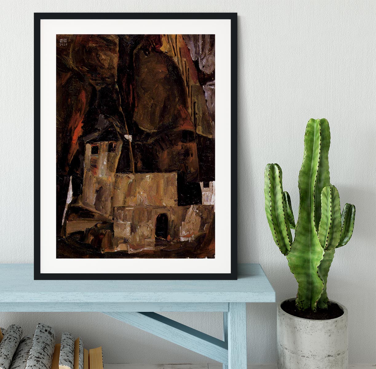 Wall and house and terrain with fence by Egon Schiele Framed Print - Canvas Art Rocks - 1