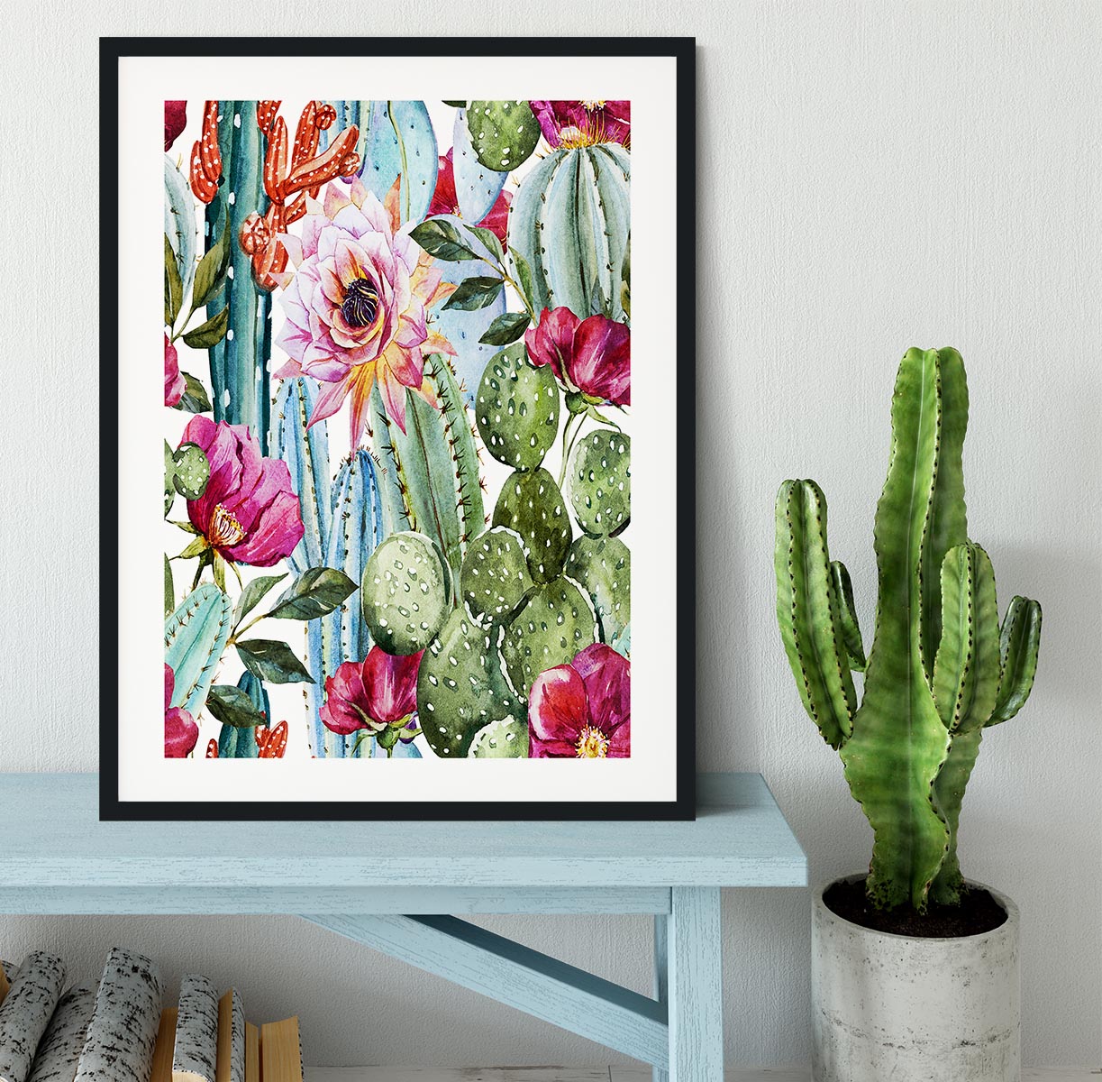 Watercolor cactus pattern Framed Print - Canvas Art Rocks - 1