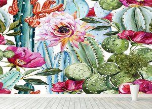 Watercolor cactus pattern Wall Mural Wallpaper - Canvas Art Rocks - 4