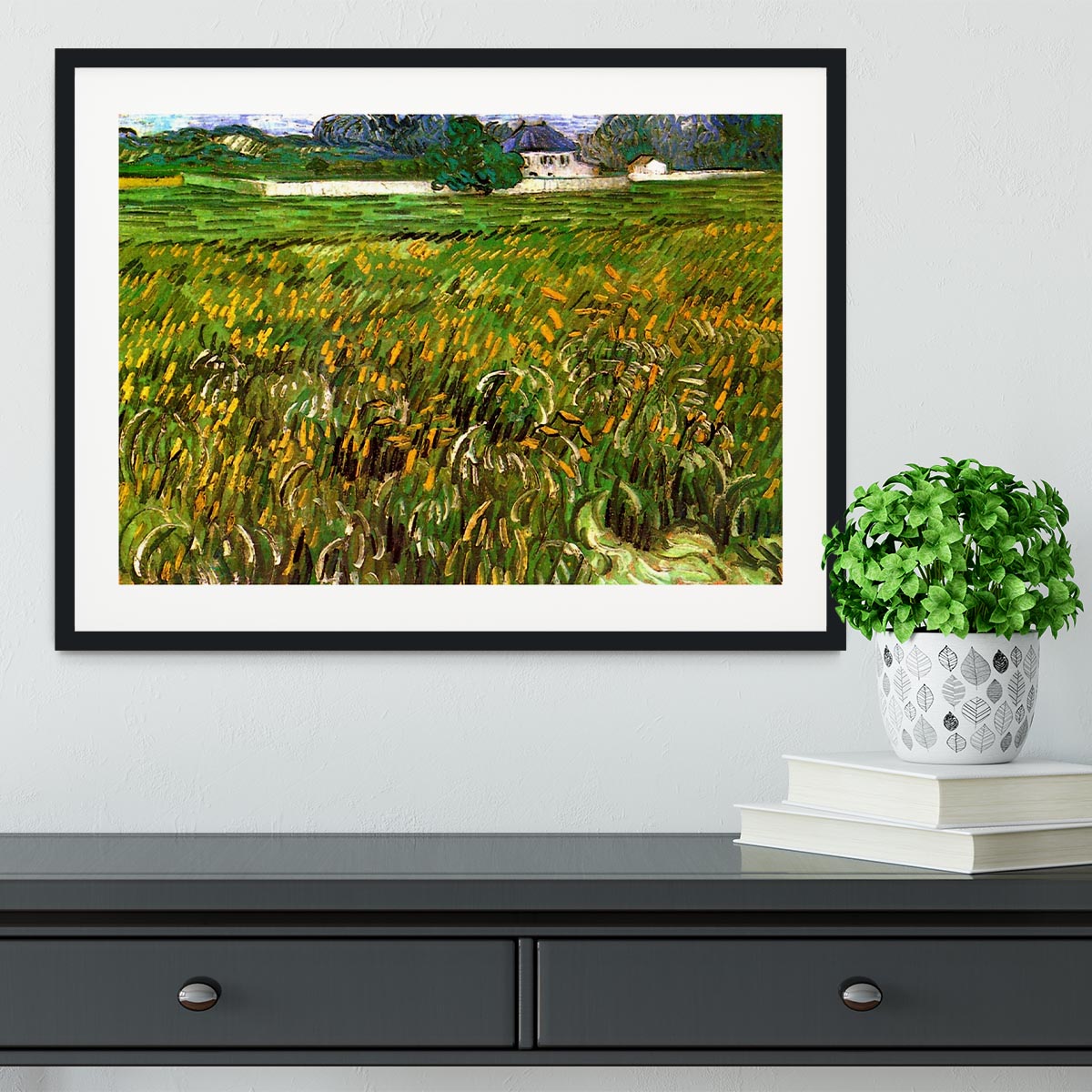 Wheat Field at Auvers with White House by Van Gogh Framed Print - Canvas Art Rocks - 1