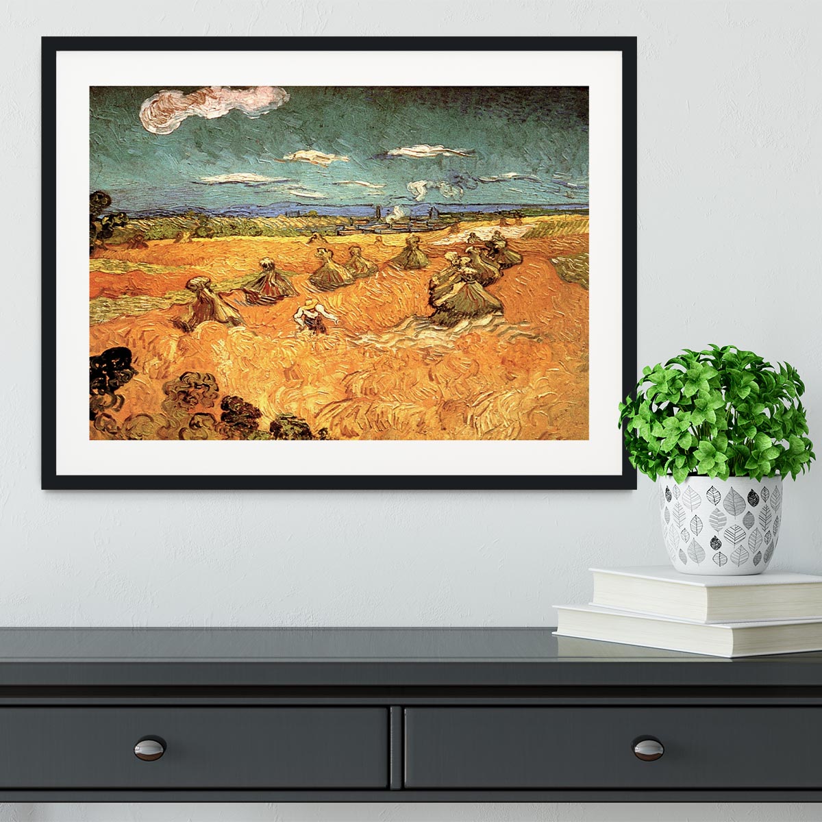 Wheat Stacks with Reaper by Van Gogh Framed Print - Canvas Art Rocks - 1