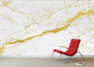 White and Gold Cracked Marble Wall Mural Wallpaper - Canvas Art Rocks - 2