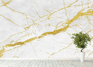 White and Gold Cracked Marble Wall Mural Wallpaper - Canvas Art Rocks - 4