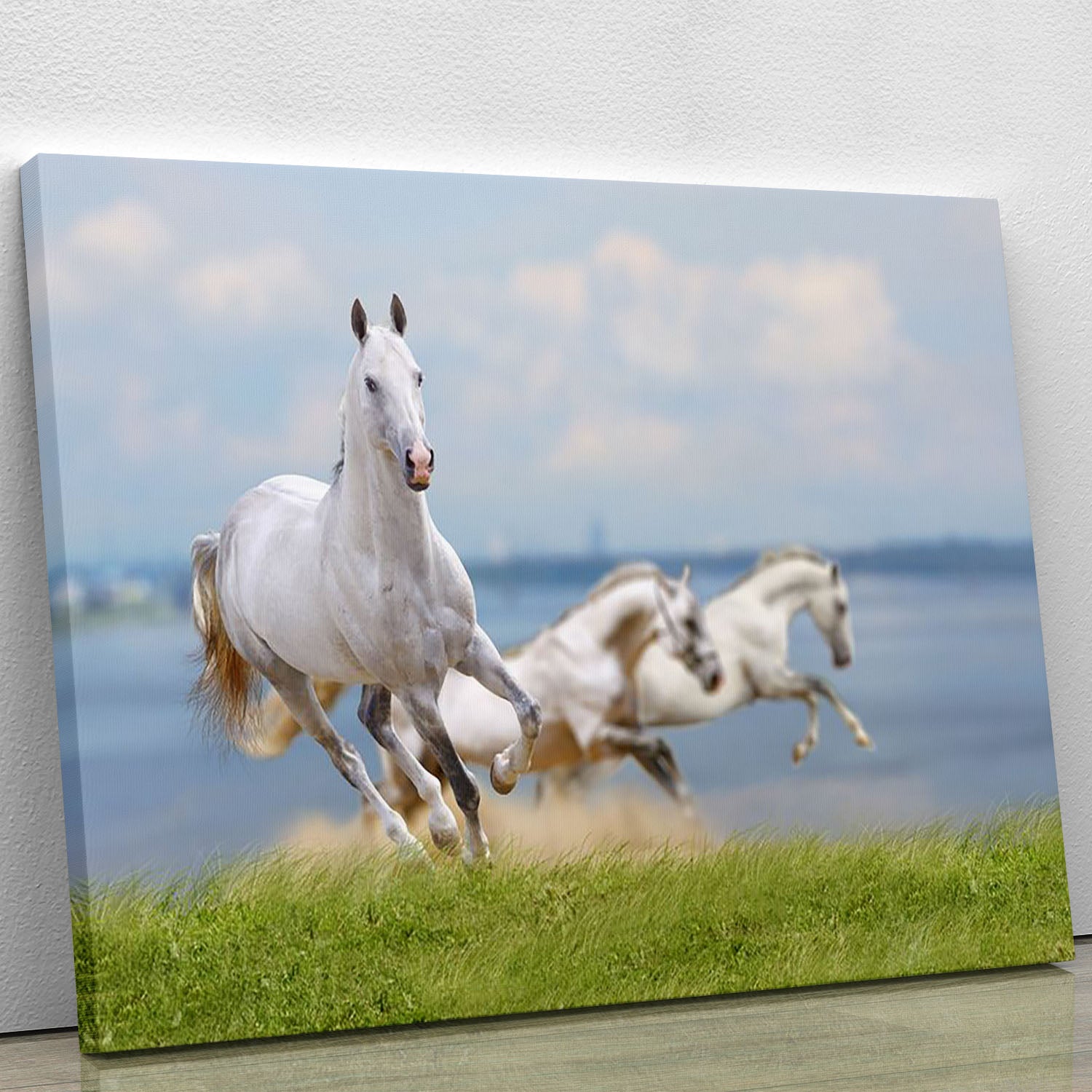 White horses running near water Canvas Print or Poster - Canvas Art Rocks - 1