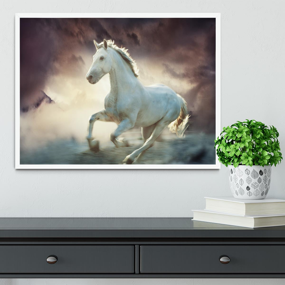 White running horse Framed Print - Canvas Art Rocks -6