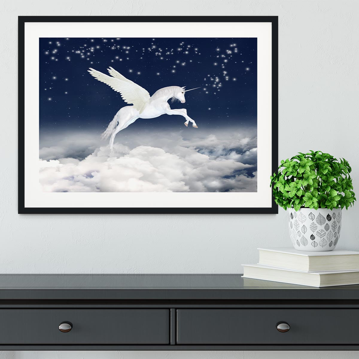 White unicorn flying in the sky Framed Print - Canvas Art Rocks - 1