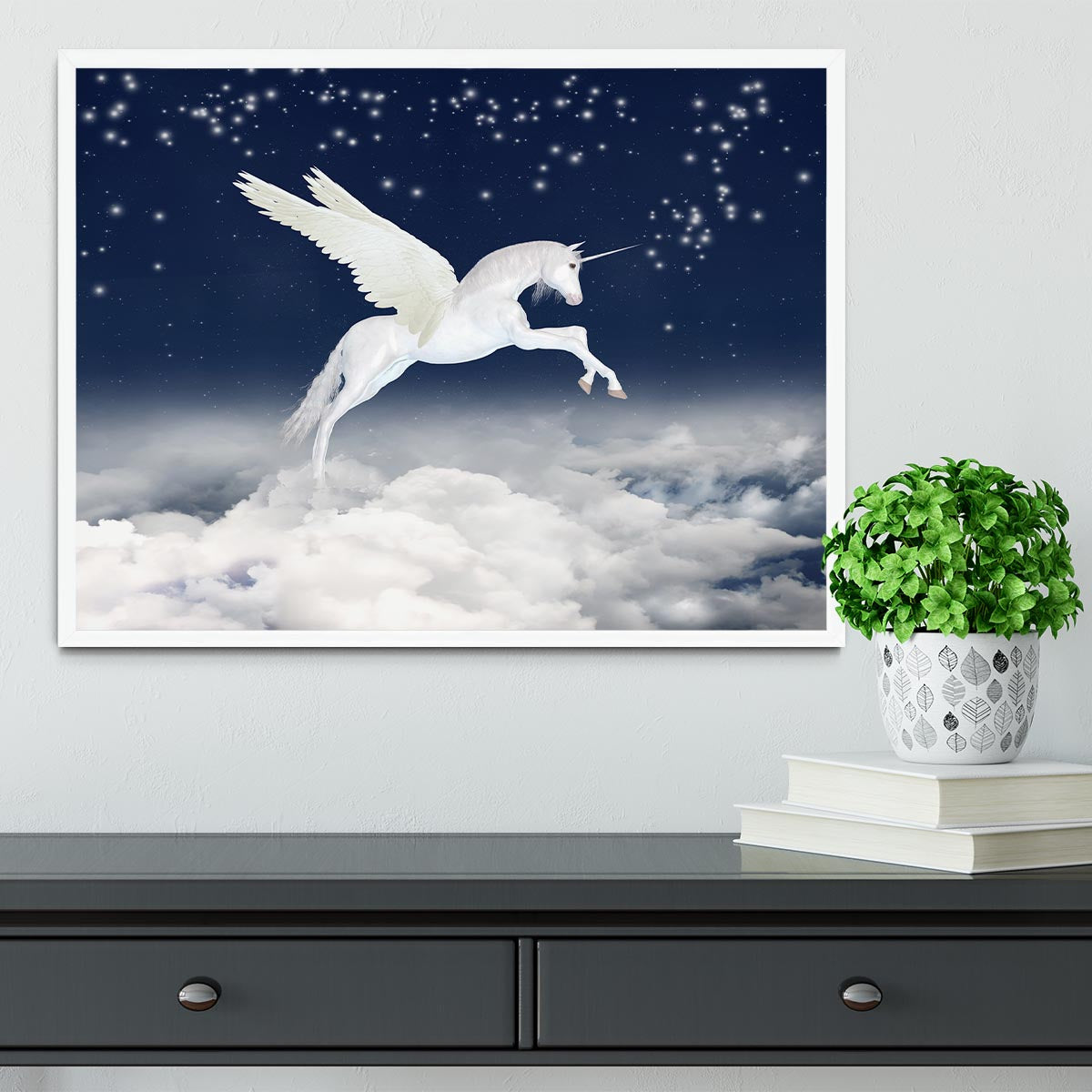White unicorn flying in the sky Framed Print - Canvas Art Rocks -6